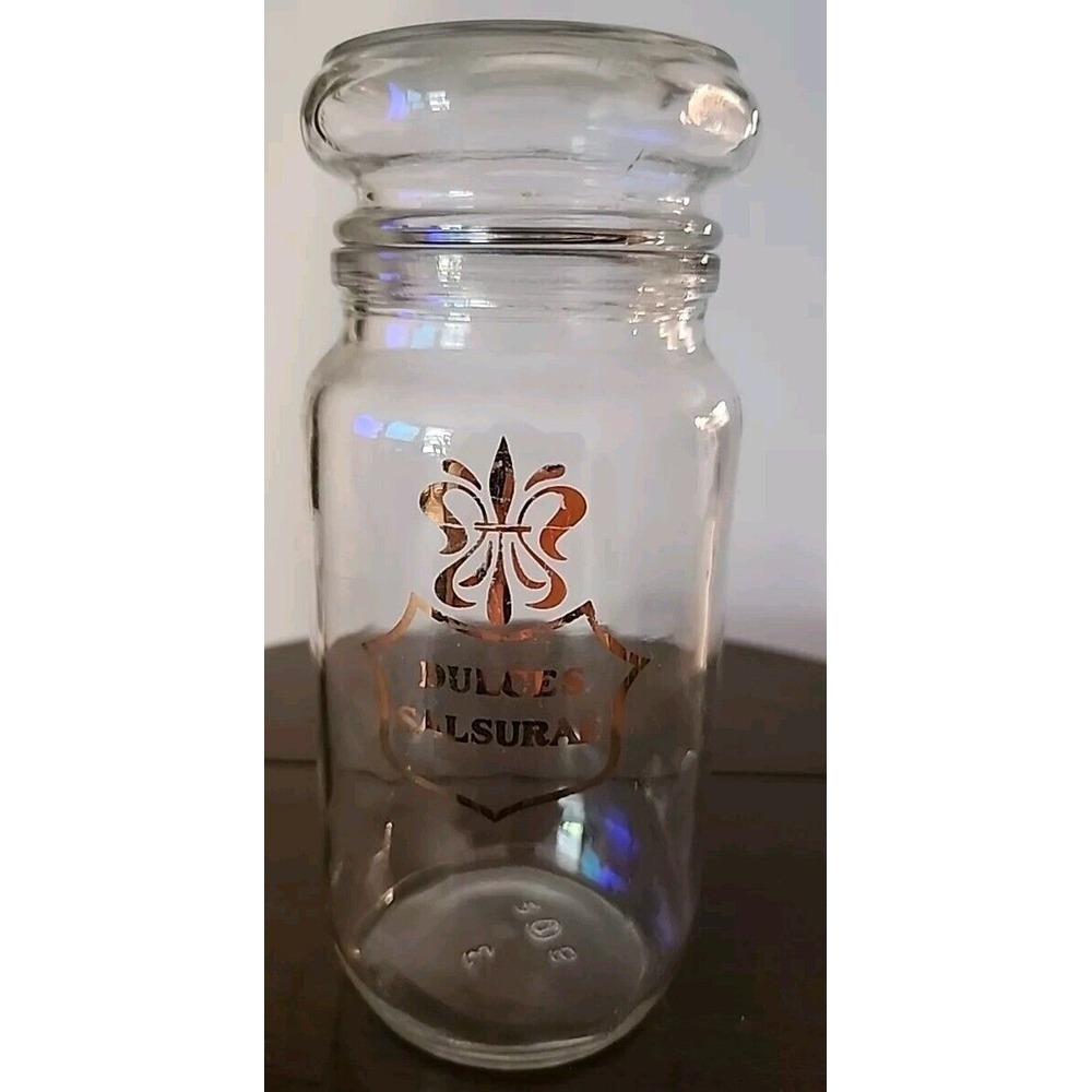 Vintage Owens Illinois Co. Clear Glass Jar Lid Dulces Salsurae Gold Latin